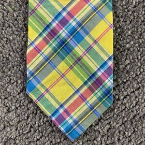 Vintage Polo Ralph Lauren Tie Necktie Cotton Plaid Tartan Yellow Italy Skinny